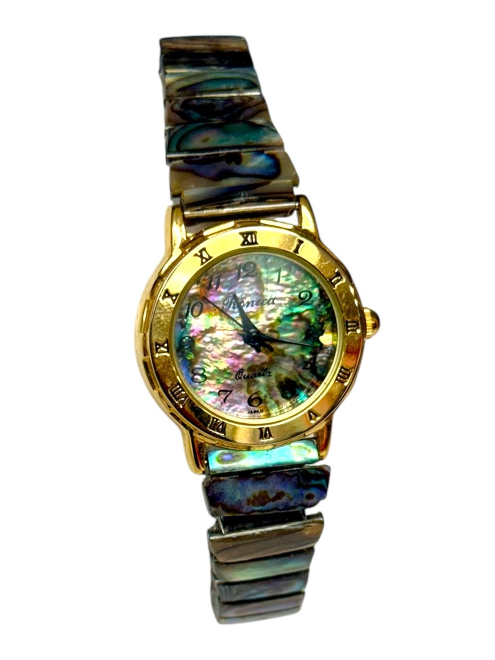 Vintage Abalone Shell Stretch Watch Gold Tone Mother of Pearl Dial Japan Quartz